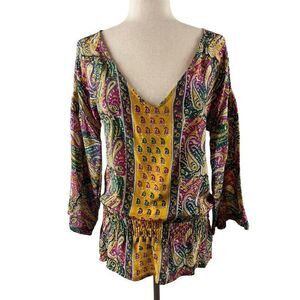 Tolani Ophelia Paisley Bell Sleeve Silk Blouse Small Yellow ASO Nicky Hilton